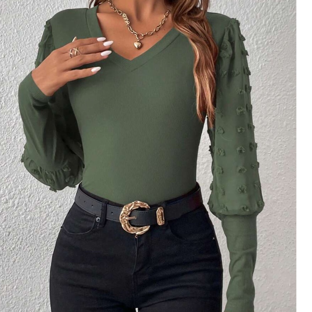 Fitted V neck Swiss Dot Puff Sleeve Top - Picture 10 of 10